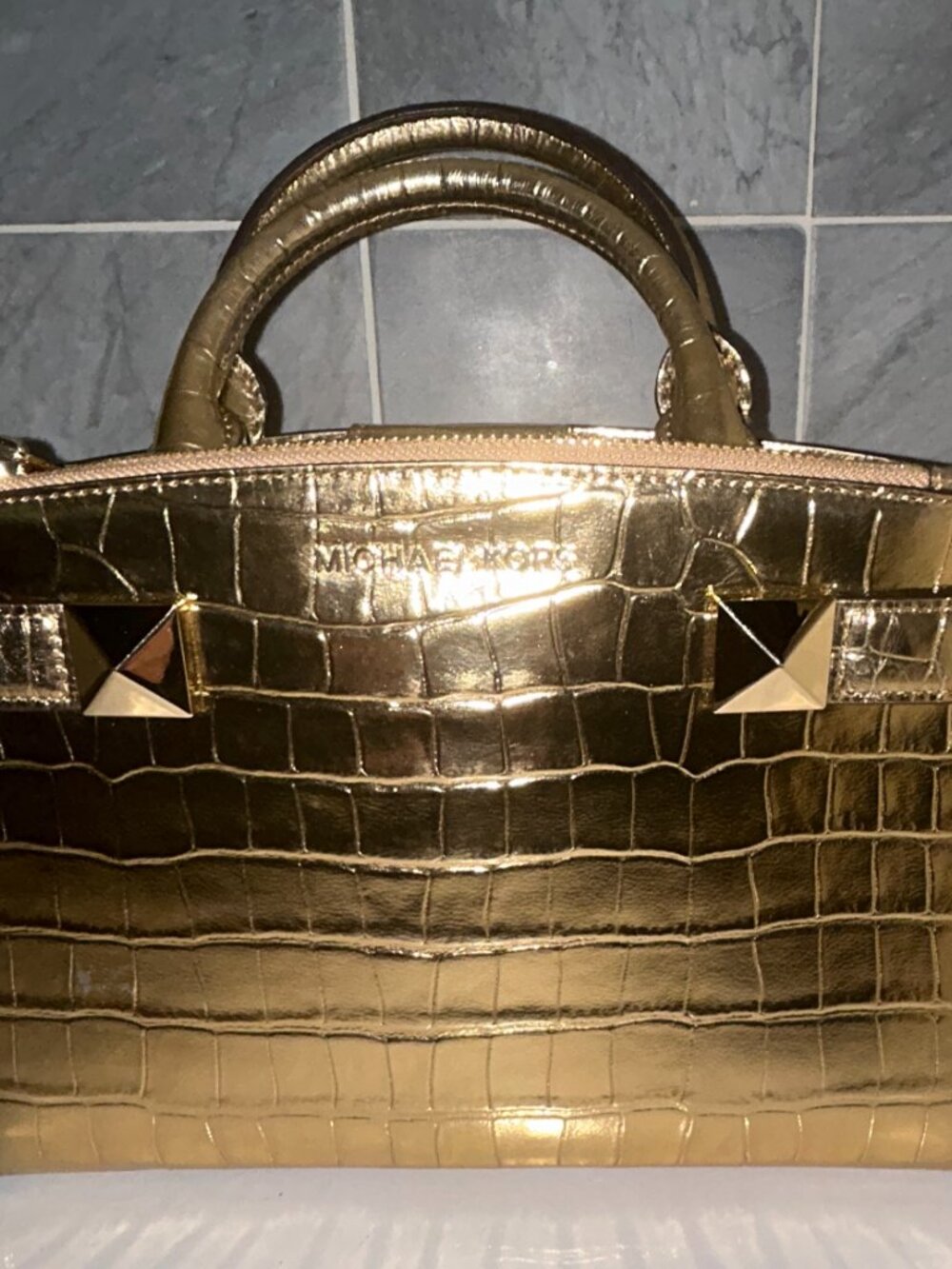 Michael Kors Karla Gold Embossed Leather Bag, Crossbody strap, nwt